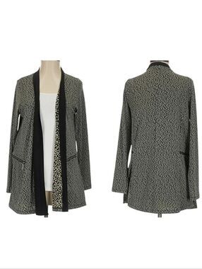 Sun Kim Womens Jacket Open Front Animal Print Zipper Detail Black Tan Size S